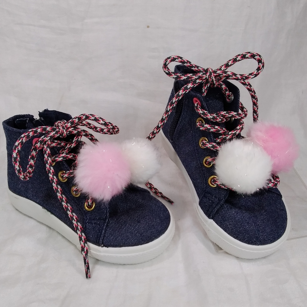 Brash Denim SNEAKERS Shoes Hi-Top Girls Toddler size 7 Plush Furry Pom Poms Zip